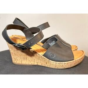 Born Agnio Black Leather Cork Wedge Sandals Women's Size 10M NWOT